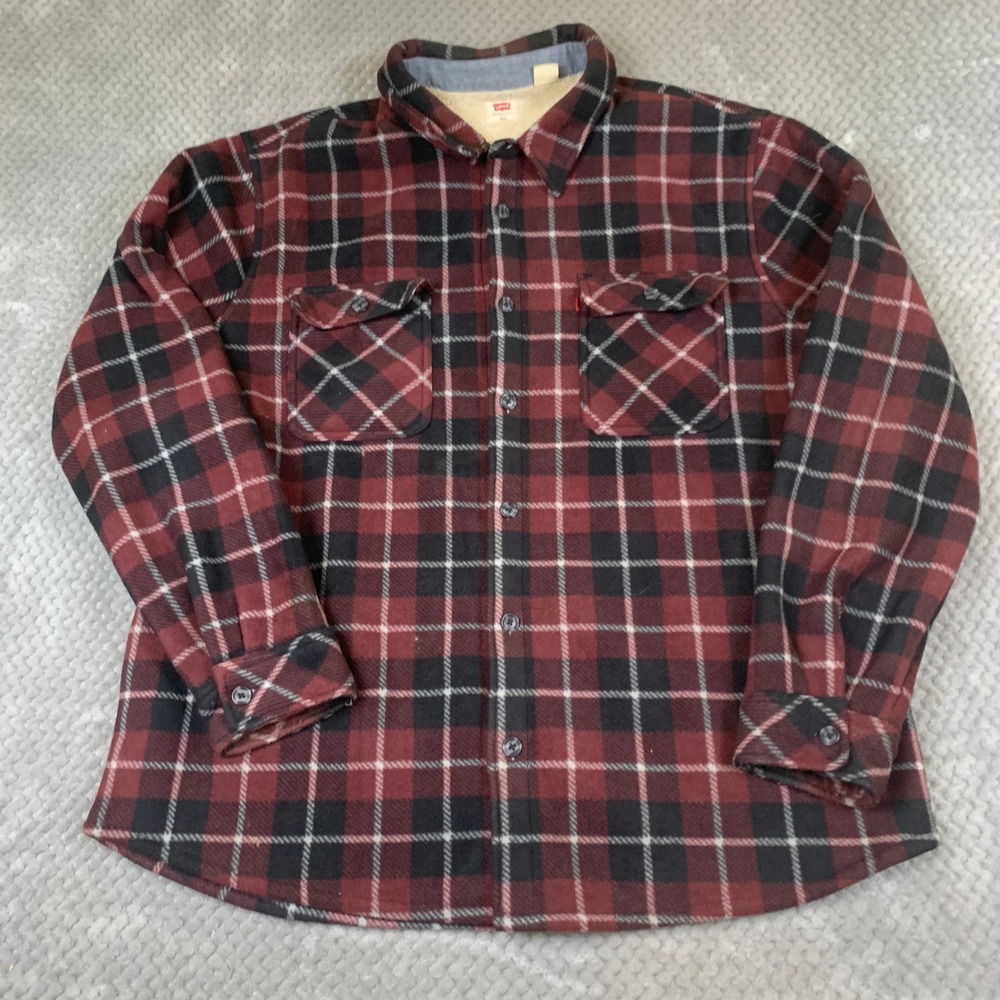 Levi's Sherpa Lined Flannel Shirt Jacket Mens XXL Red Black Plaid A7993